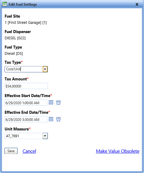 Edit fuel settings dialog box