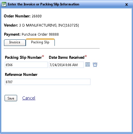 Receiving parts using packing slip