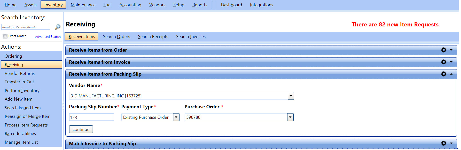 Receive items from packing slip