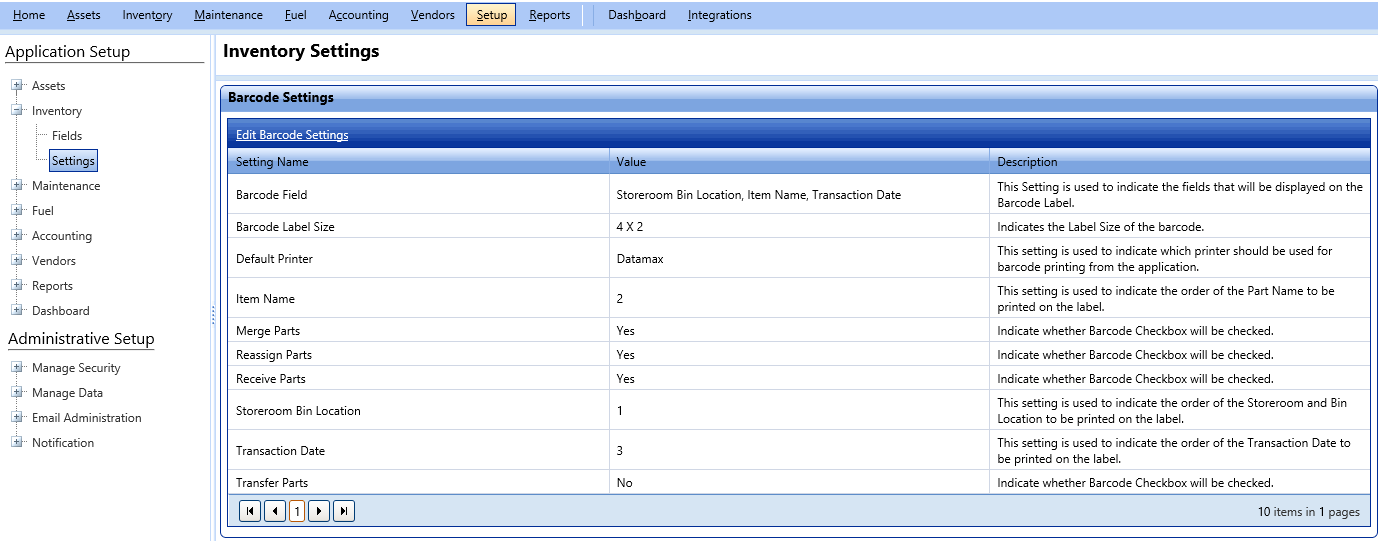 Barcode settings page image