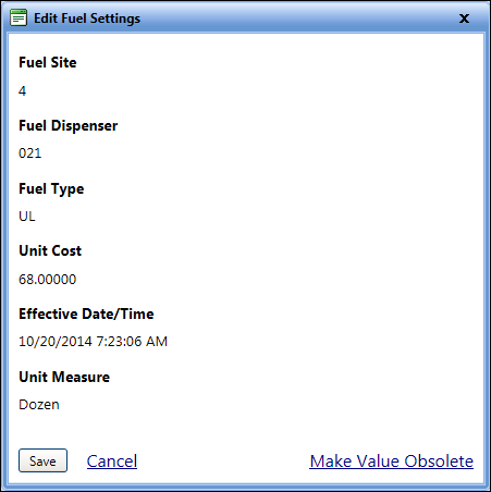 Edit fuel settings dialog box