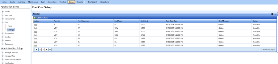 Fuel cost setup