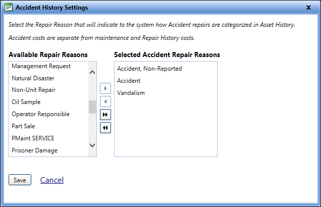 Accident history settings