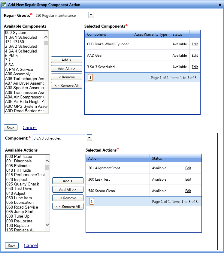 Add new repair group component action dialog box