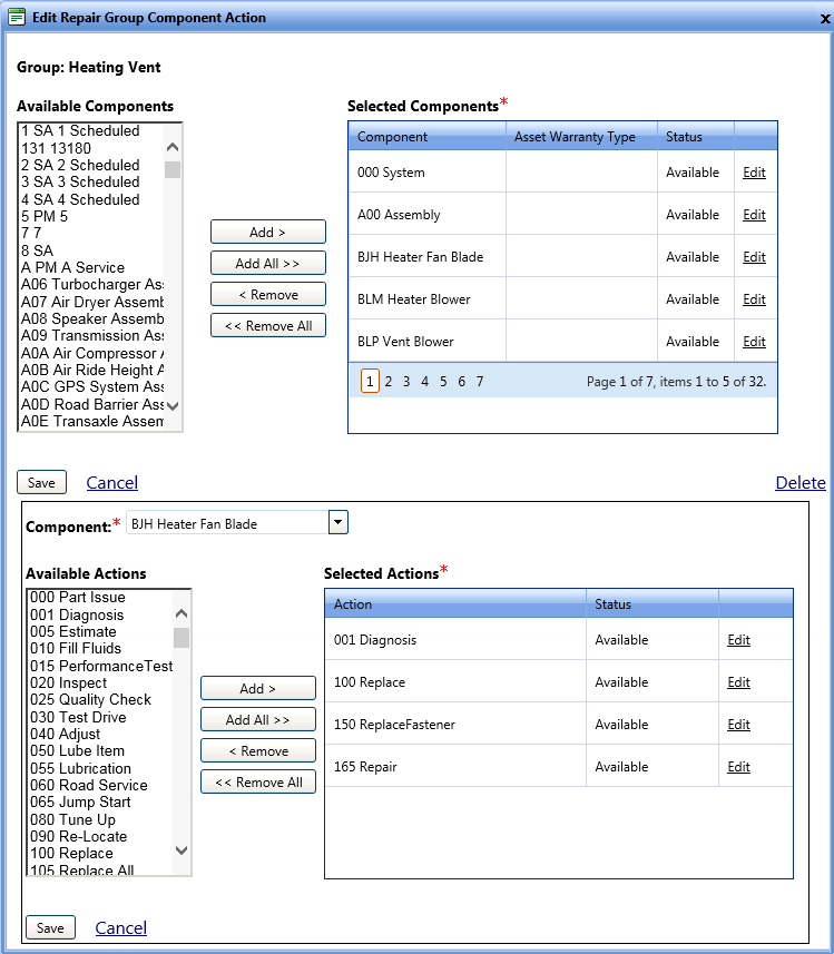 Edit Repair Group Component Action