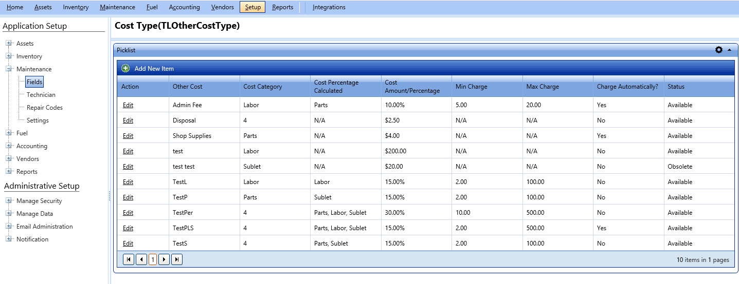 Cost type picklist