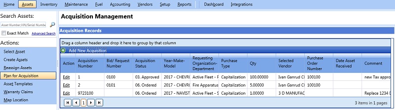 Acquisition planning tab