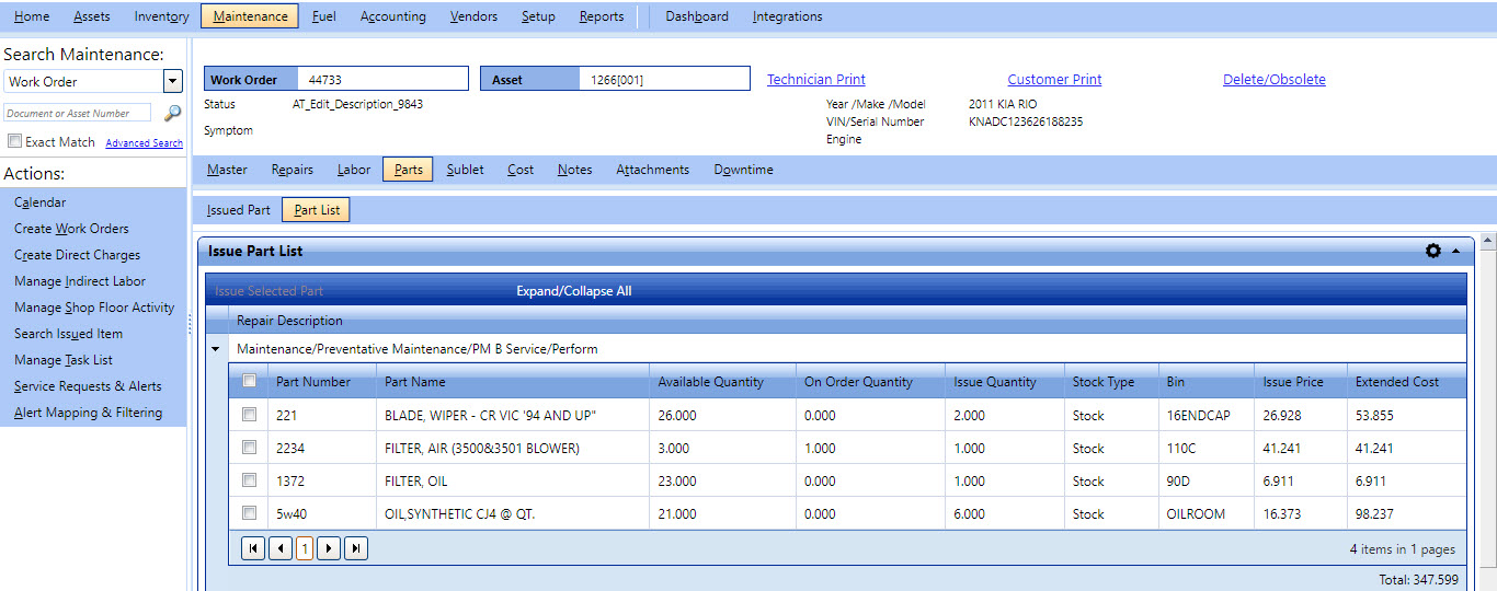 Image Parts List Work Order