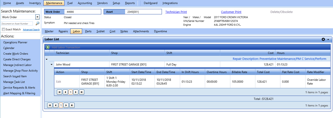 Image Labor Tab Work Order