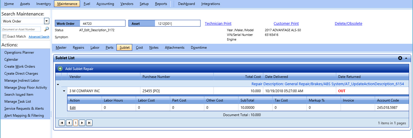 Image Sublet Tab Work Order