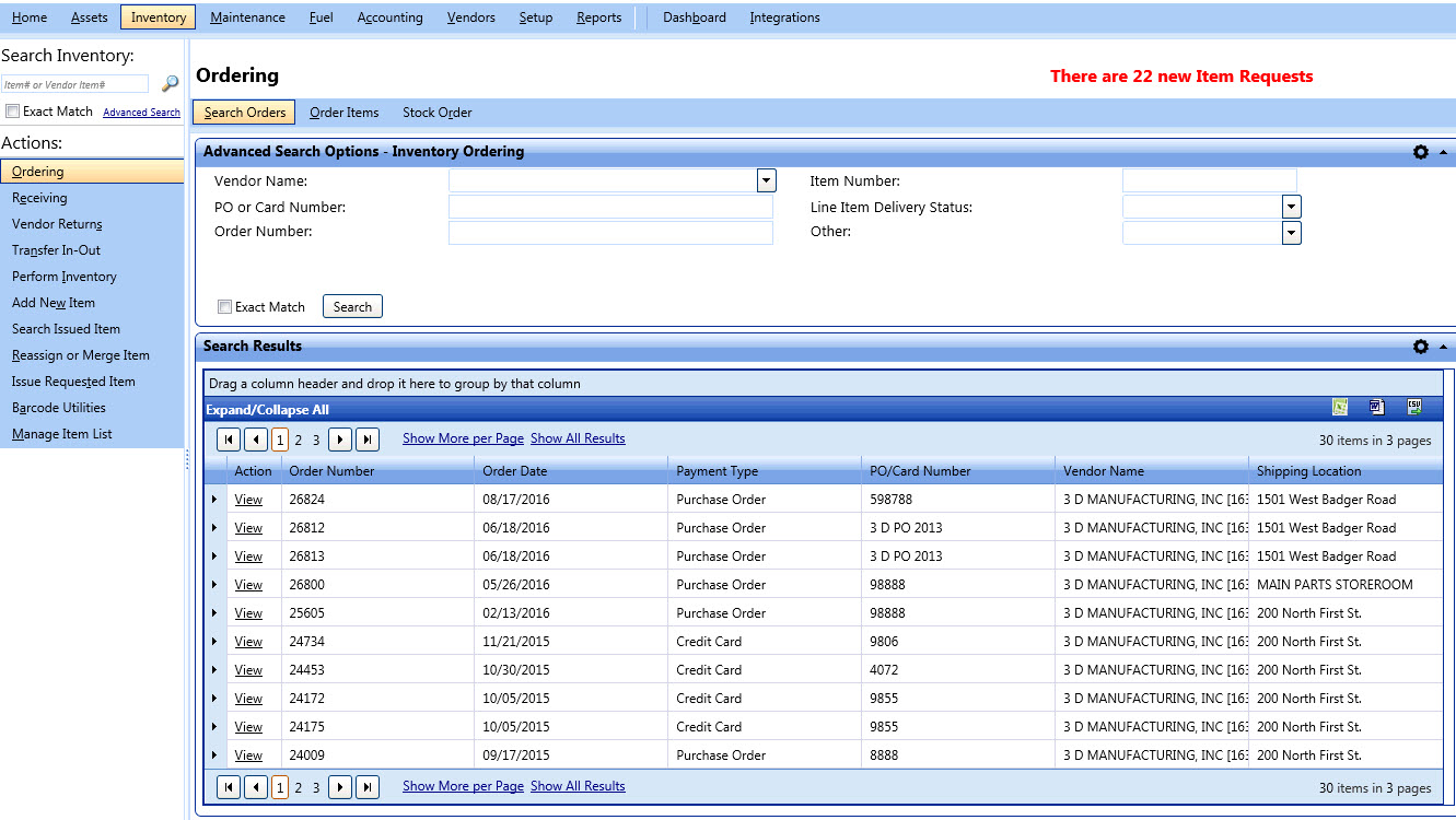 Advanced search options - parts ordering