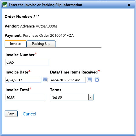Receiving parts using invoice