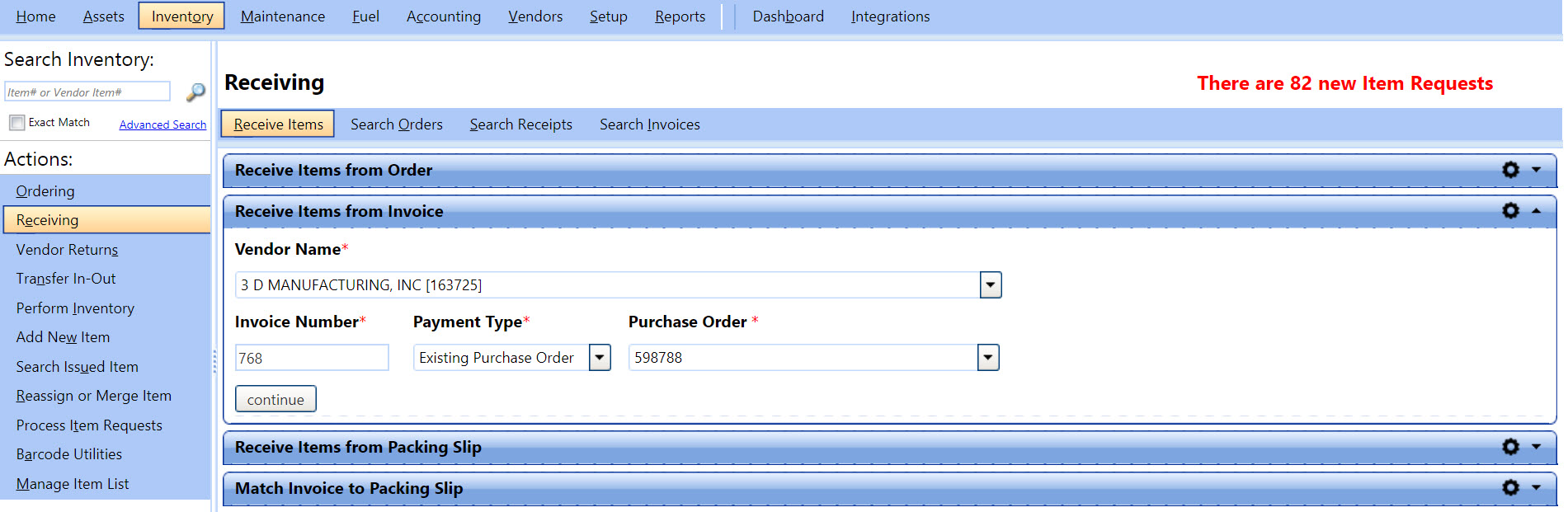 Receive items from invoice