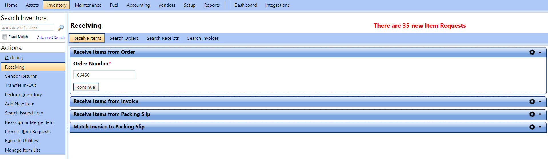 Receive items from order