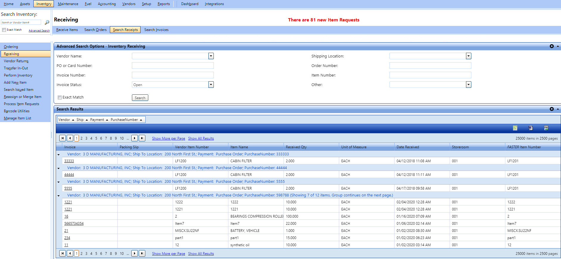 Advanced search options - parts receiving